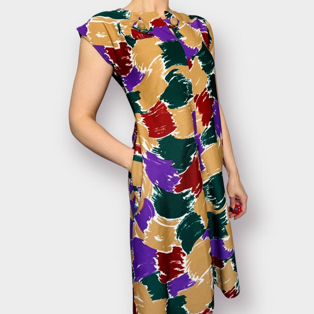 70s tan purple green brick abstract day‎ dress